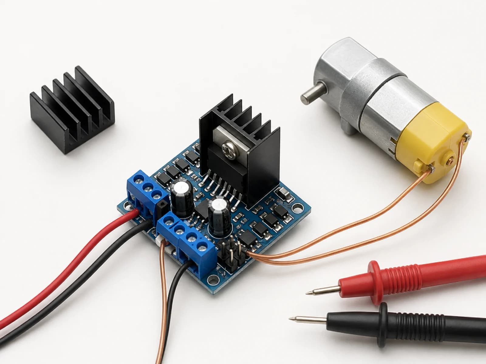 Motor driver module beside a geared motor, heatsink and multimeter probe
