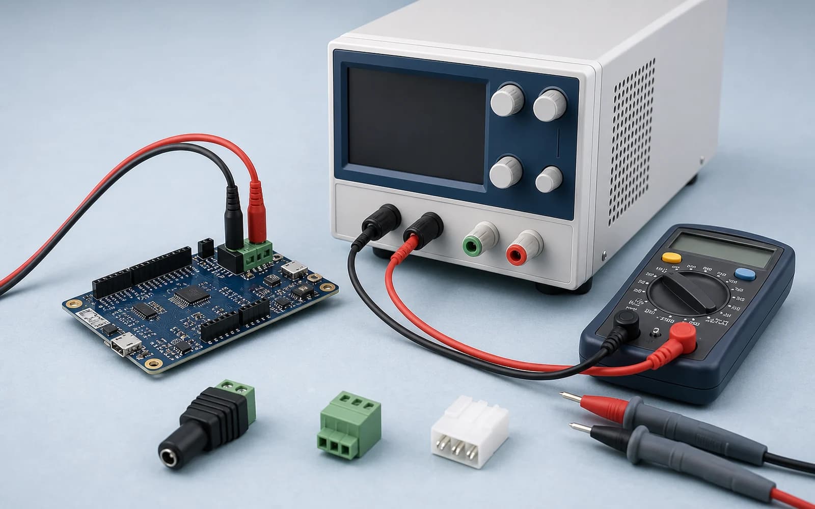 Bench power supply connected to a development board with multimeter probes and connector options