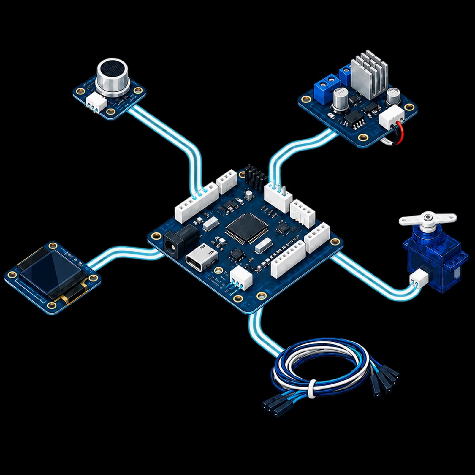 Exploded view of a development board with a sensor module, motor driver, display, micro servo and jumper wires connected around it.